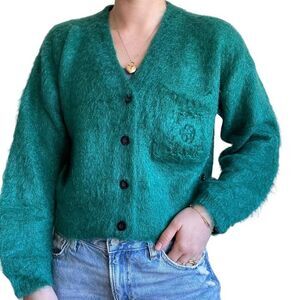 Vintage 80s Womens Esprit Emerald Green Mohair Fluffy Cropped Fuzzy Cardigan S